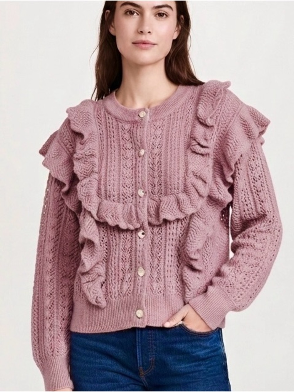 Dusty Pink Ruffle Open Knit Cardigan Sweater – Tagged S/M (Fits M/L)